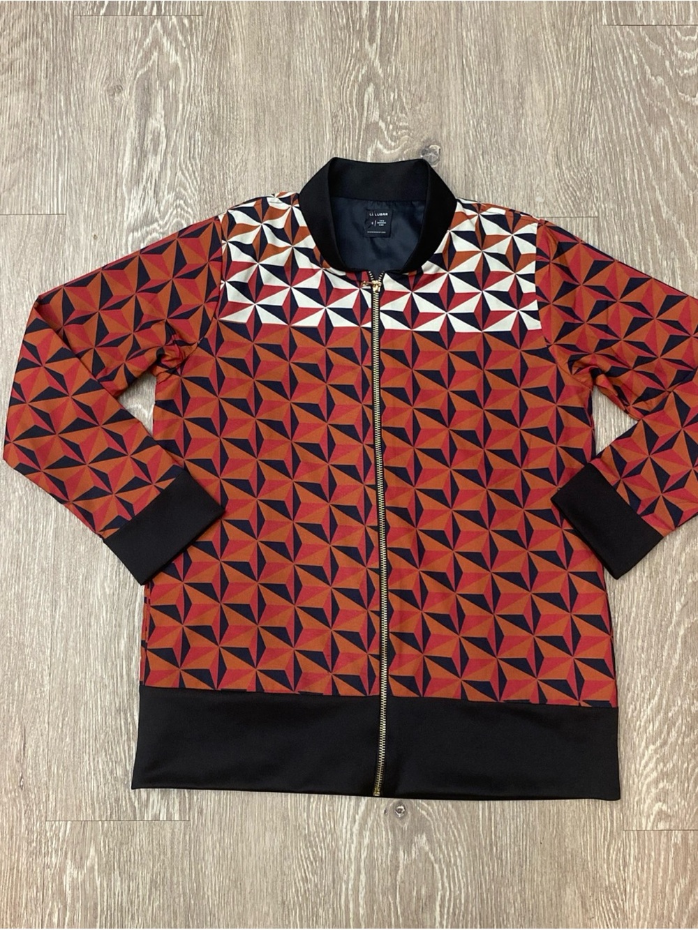 Lulusar Women’s Geometric Print Bomber Jacket Full Zip Black Orange Size S